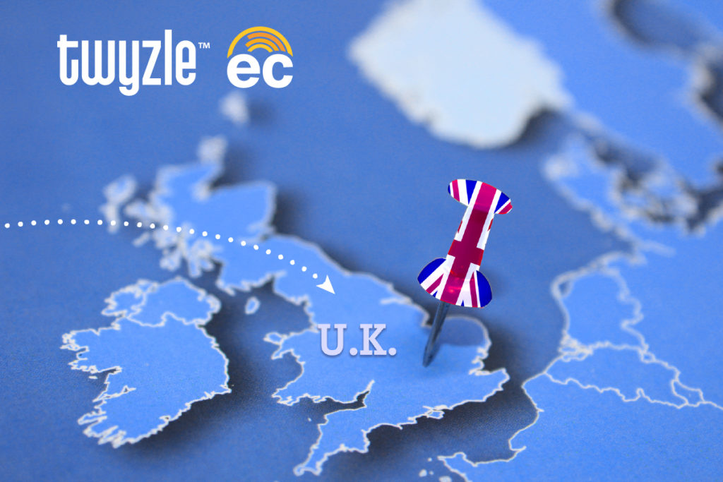 Twyzle-expansion-in-London-El-Clasificado-blue background-UK-in-back-pin-on-map-UK-flag