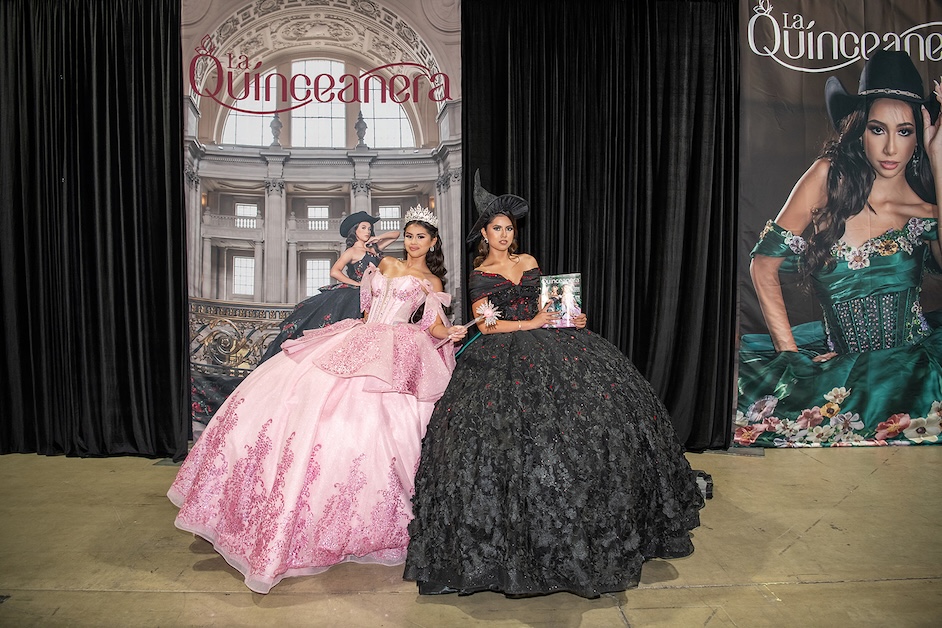 Teen models showcase quinceañera dresses on the runway at the Quinceanera.com Expo & Fashion Show 2025 in Long Beach, California.