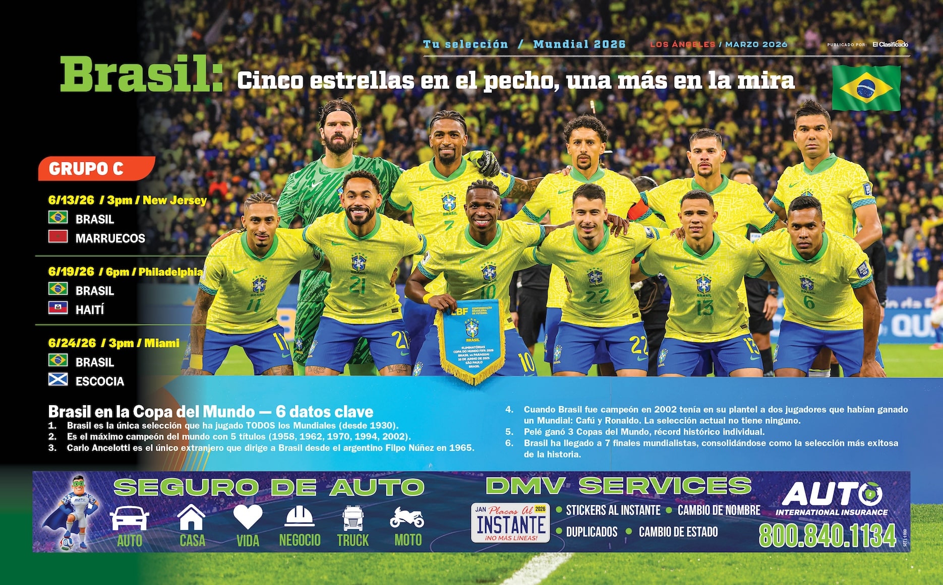 Eye-catching World Cup 2026 promotional flyer featuring the Brazil soccer national team, created for the Latino audience in Los Angeles, with space for local business ads and community promotions.