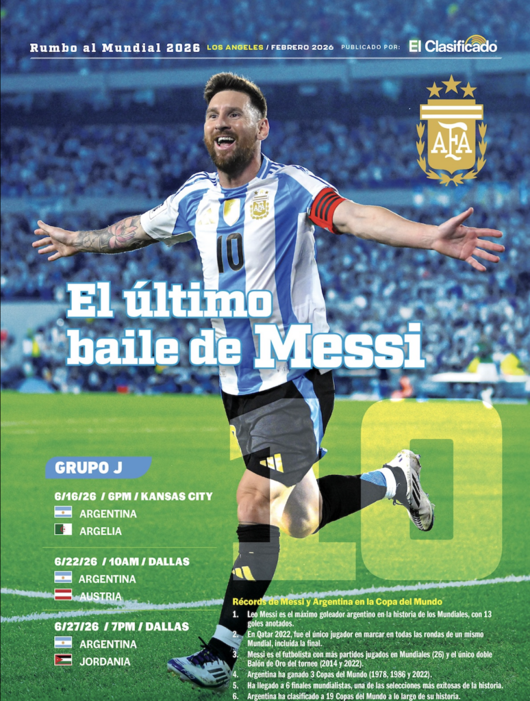 Lionel Messi featured on a vibrant World Cup 2026 flyer targeting the Latino market in Los Angeles, surrounded by colorful graphics promoting local businesses and community engagement.
